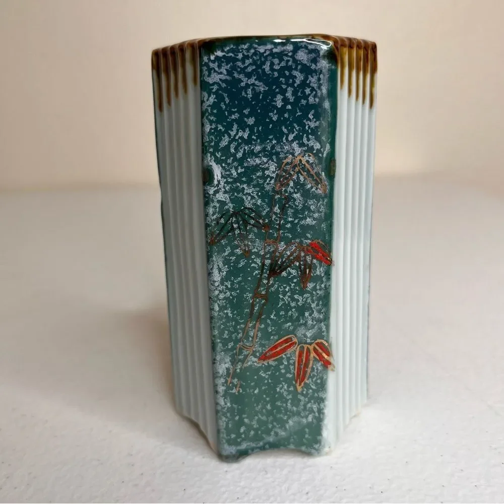 Vintage Hexagon Shape Japanese Vase Bamboo Green Sponge Red Gold Ridged Brown - Picture 3 of 11